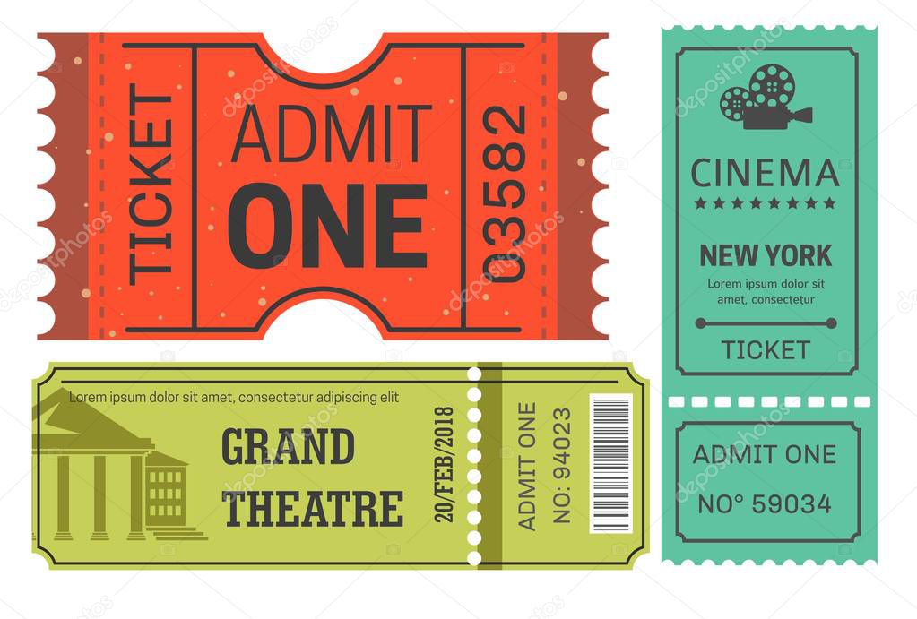 Cinema and theater ticket admission or pass entertainment industry vector paper cards to watch play or movie performance and motion picture camera with film reels ancient construction with pillars.