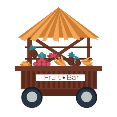 Plaj yemek arabası meyve tezgahı muz ve ananas nar ve portakallı izole vektör ahşap kulübe saman çatı tramvayı veya van büfesi tekerleklerin üzerinde organik gıda vitamin satışı..