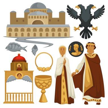 Antik Byzantium geçmiş sembolleri hanedanlık armaları mimarisi ve din İmparator vektör yapı ve çift başlı kartal balık ve deniz kabuğu Hıristiyan Ortodoks altın kadehi ve sunak sikke erkek ve kadın.