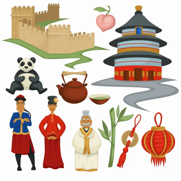 Traveling China Symbols Culture Architecture Food Animal Traditional Clothing Vector — Stock Vector