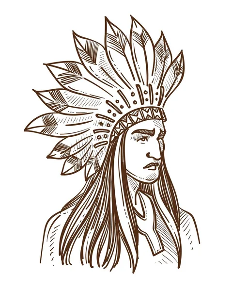 Indien Américain Injun Indien Chapeau Plume Croquis Portrait Isolé Vecteur — Image vectorielle