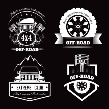 Off-Road 4 x 4 extreme araba kulübü logo şablonlar. Vektör simgeler ve off road araç ya da kamyon ile tekerlek lastikleri ve motor motor piston dağ ya da kaya Damper club için simgeleri