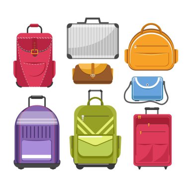 Çantalar farklı model seyahat çantası, çanta veya sırt çantası ve okul sırt çantası ya da kadın moda çanta ve iş durum ya da çanta ve spor çanta yazın. Vektör karikatür düz izole Icons set