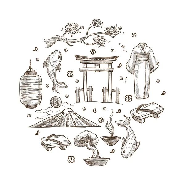 Японської Культури Японії Ескіз Символи Подорож Східні Країни Вектор Sakura — стоковий вектор