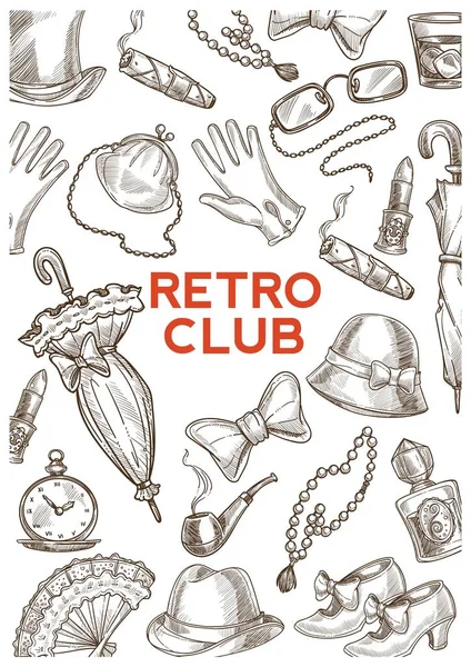 Vintage Mode Tillbehör Retro Club Hattar Och Paraplyer Vektor Skiss — Stock vektor