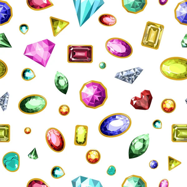 宝石和钻石 宝石无缝花纹向量 水晶丰富的产品在黄金框架 珠宝首饰 时尚和昂贵的对象 闪闪发光的卡拉和宝石的刻面 — 图库矢量图片