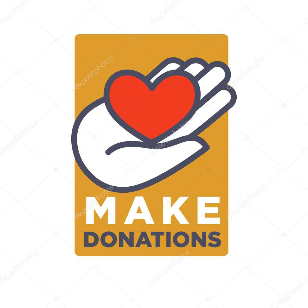 Hand and heart logo template for social donation and charity action organization. Vector isolated flat icon of hand and red heart for medical and volunteering support or blood donor design