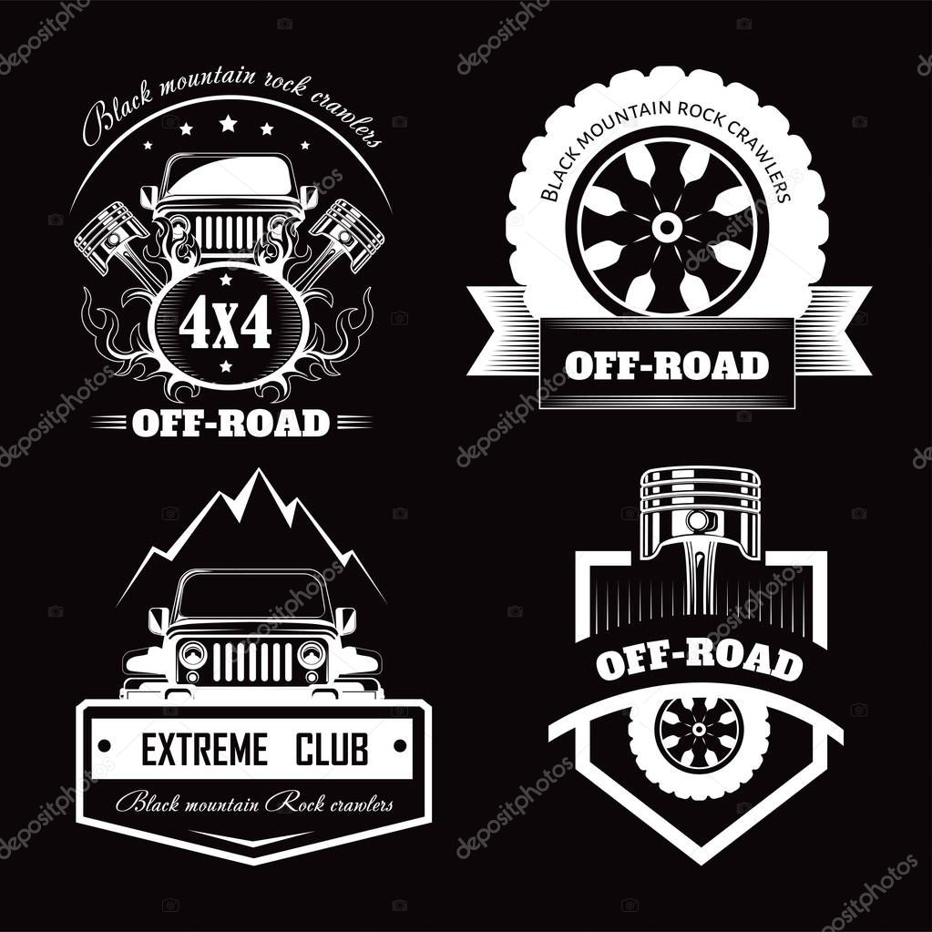 Off-road 4x4 extreme car club logo templates. Vector symbols and icons of off road car or truck with wheel tires and motor engine piston for mountain or rock crawlers club