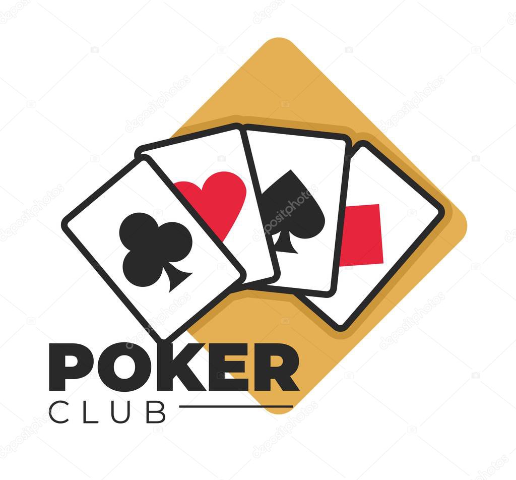 Casino poker club gambling games play cards isolated icon blackjack or roulette wheel and slot machines online service emblem or logo money stakes and betting clubs and hearts spades and diamonds.