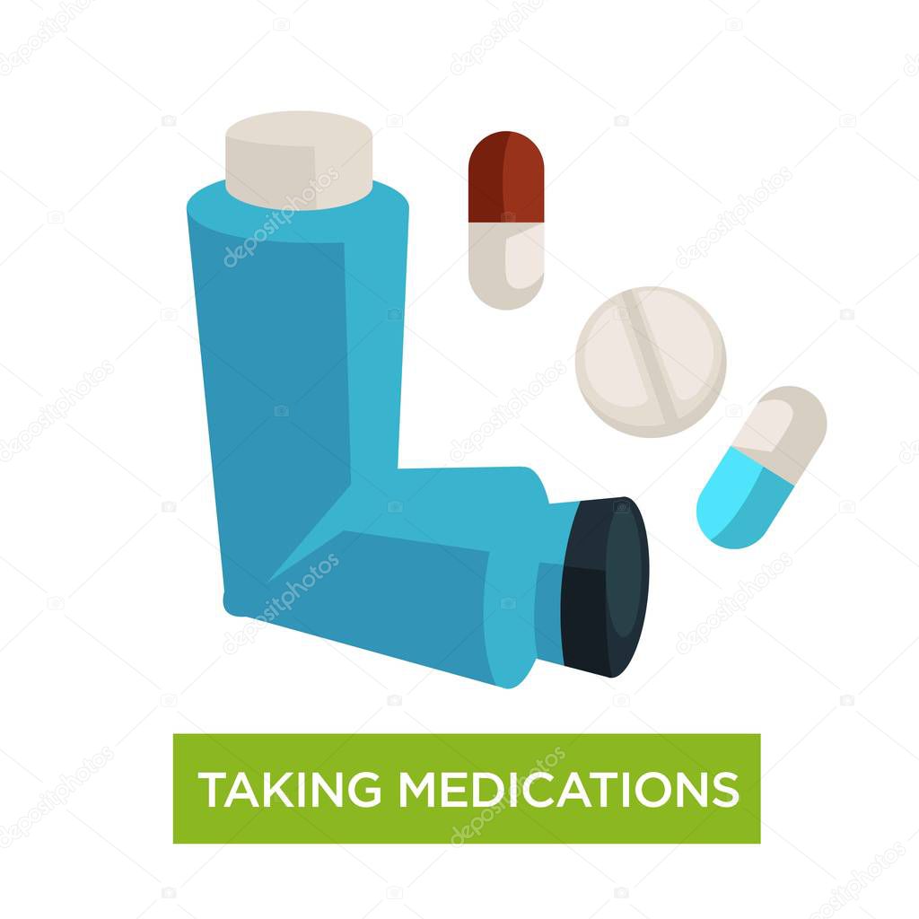 Taking medications asthma inhaler and pills disease treatment vector allergy and wheezing cough chest pain and breathing problem bronchial illness respiratory sickness medical tool healthcare