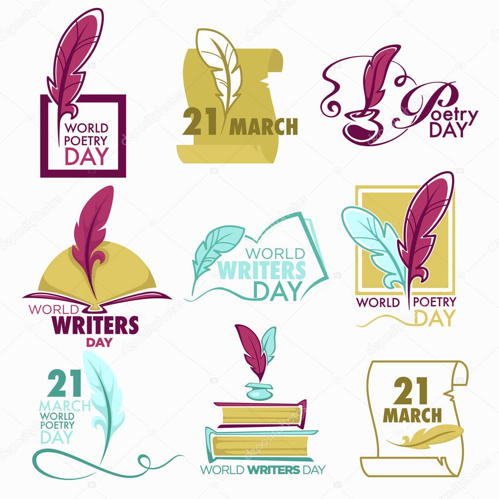 Writers and poetry day isolated icon feather and book vector bookstore or library emblems and logo literature holiday celebration writing and lettering fiction and manuscripts textbooks volumes.