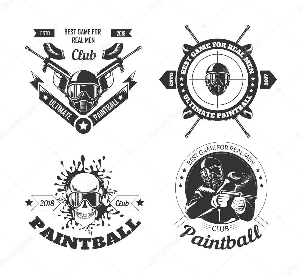 Paintball game sport club logo templates of gamer shooting target or paint ball gun and man skull in paintball mask with ribbons and stars. Vector isolated icons set