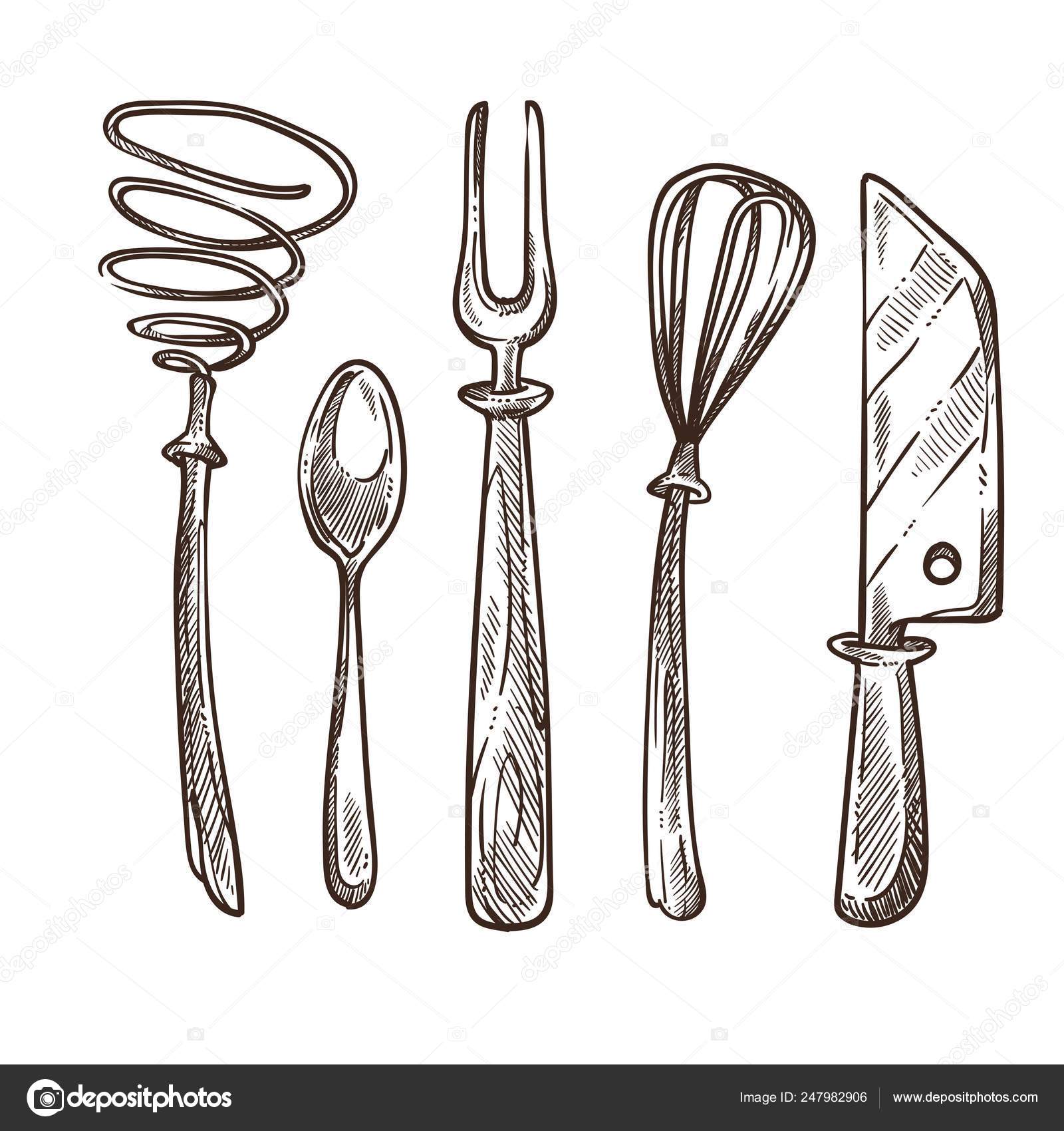 Kitchen Utensils. Sketch Cooking Equipment Stock Vector