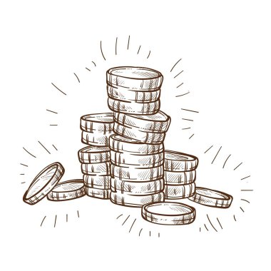 İzole kroki para ve Döviz Alım iş ve Finans zenginlik ve kar sembolü Ekonomi ve bütçe metal para parlak sikke yığını