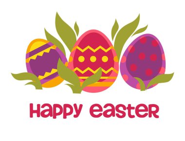 Renkli yumurta bitki yaprakları ve mutlu Paskalya dilek vektör kabuk desen Hıristiyan tatil kutlama süt gıda bahar olay geleneksel yemek veya çanak kutlama ve tebrik yazı ile.