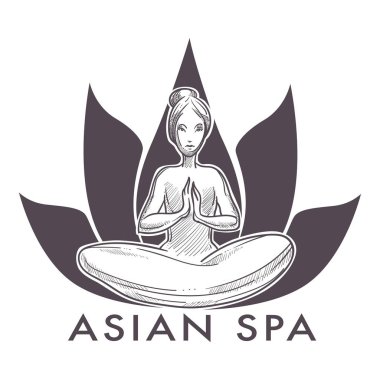 Lotus yoga poz Asya spa salonu izole simge vektör oryantal kadında rahatla teknikleri ve oturan sakin poz ve bitki çiçek egzersiz ve güzellik yordam tek renkli amblem ve logo kız.
