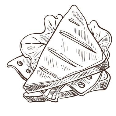 Sandviç ekmek ve salata yaprakları vektör tek renkli kroki anahat ile kavrulmuş maddeler ve taze sebze peynir ve jambon ve yeşil düz stil doldurulmuş et yemek lezzetli yemekle.