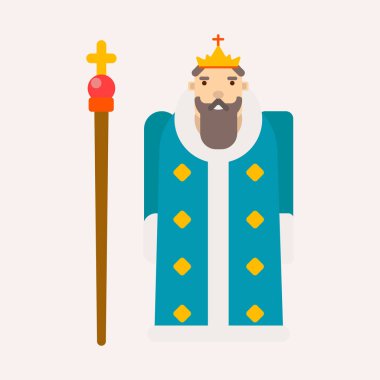 Kral ya da hükümdar masal izole erkek karakter vektör adamla sakal taç ve asa iktidarda kürk ceket fantastik kitap İmparator antik telif veya asalet Ortaçağ egemen veya Tanrı Majesteleri.