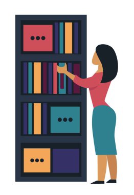 Kadın alarak Belgeler klasörünü raf mobilya vektör kutuları üzerinden ve iş iş Sekreter ve çalışma kağıtları tasarım kapalı iç öğeleri izole kadın karakter ve nesne kitap.