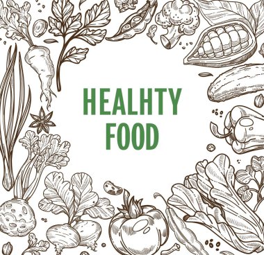 Vejetaryen yemekler sağlıklı gıda organik ürünler bitkisel beslenme sketch vektör kereviz ve soğan Mısır ve domates biber ve marul bezelye ve turp brokoli ve salatalık fasulye tek renkli çerçeve.