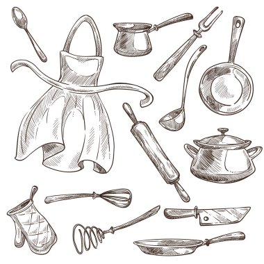 Dishware ve çatal bıçak takımı aşçı öğeleri pişirme araçları mutfak eşyası ve önlük izole vektör kroki tencere ve tava oklava ve pota çırpma teli ve bıçak kahve turk ve kaşık çatal ve mutfak eldiveni.