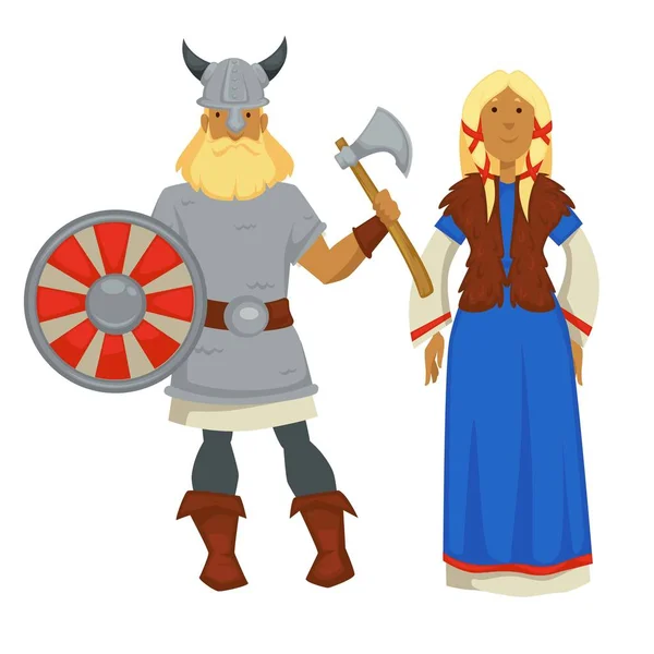 Pria Dan Wanita Viking Dalam Pakaian Tradisional Dan Baju Besi - Stok Vektor