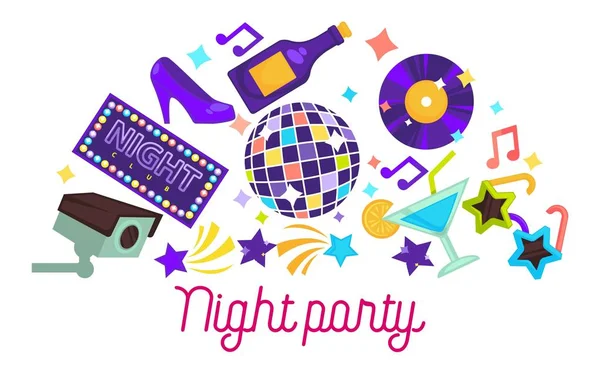 Tanzclub Nacht Party Artikel Discokugel Und Champagner Vektor Vinyl Scheibe — Stockvektor
