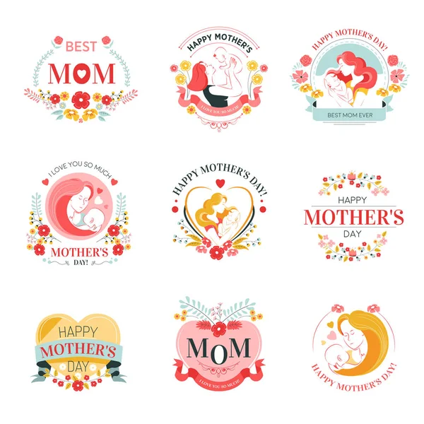 Woman and baby mothers day holiday isolated icons motherhood appreciation mom congratulation female family member greeting emblems or logo flowers and hearts festive wishes girl and newborn child.