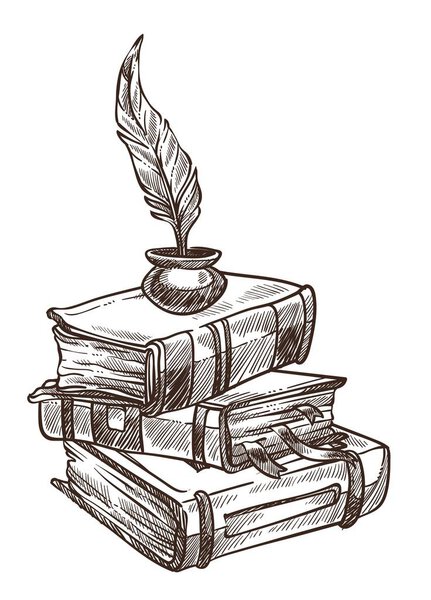 Antique books with bookmarks and feather with ink vector plumage in container for writing on page publications in thick volumes info in old source of knowledge colorless monochrome sketch outline.