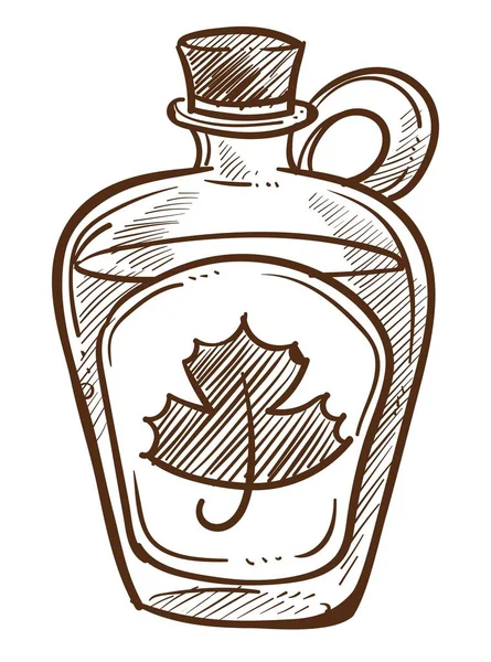 Lönnsirap Flaska Med Kork Isolerade Skiss Kanadensiska Dessert Vektor Ekologisk — Stock vektor