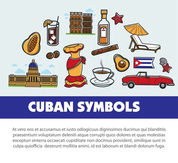 Cuba Travel Poster Information Cuban Culture Famous Symbols Havana Landmarks — Stock Vector