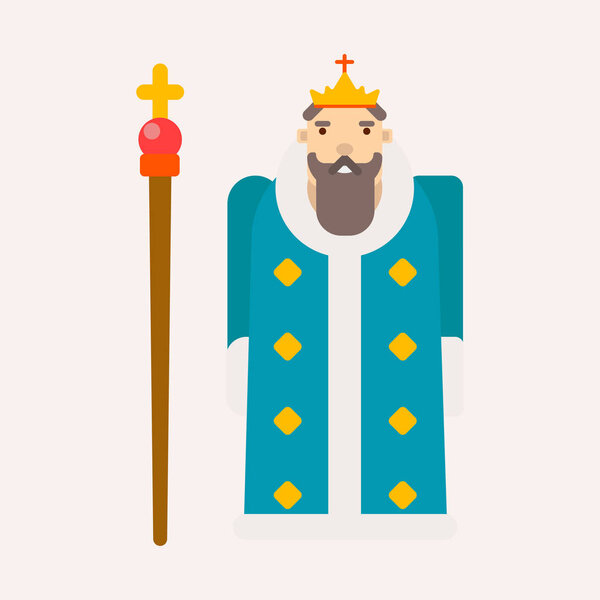 King or monarch fairy tale isolated male character vector man with beard crown and scepter in fur coat fantasy book emperor ancient royalty or nobility power Medieval sovereign or lord majesty.
