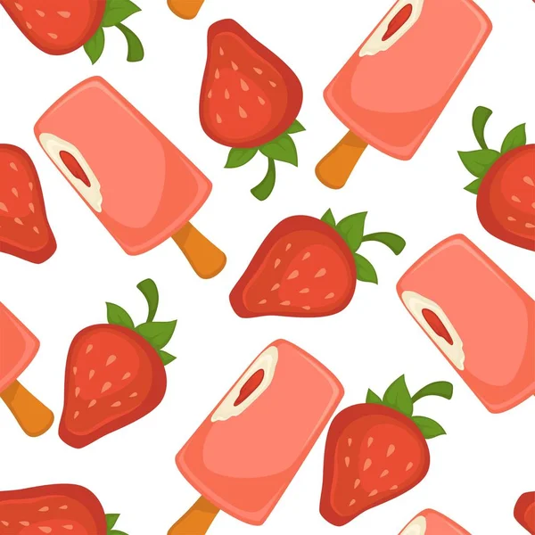 冰淇淋粉红色草莓矢量无缝模式在白色背景 — 图库矢量图片