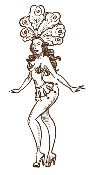女孩在比基尼和羽毛狂欢节在里约热内卢孤立的素描女性角色在高跟鞋贝壳形状胸罩和带巴西利亚旅行和桑巴党服装半裸的女人 — 图库矢量图片