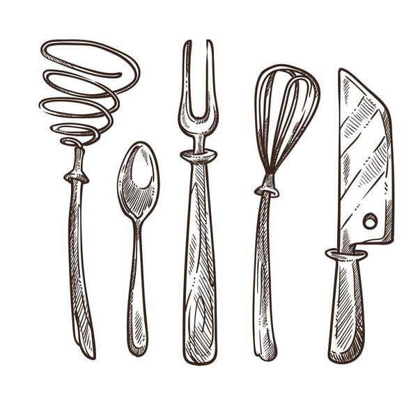 Cutlery and utensils used while cooking lunch or breakfast vector monochrome sketch outline in flat style hand drawn knife and fork spoon and whisk tools to make food instruments variety in kitchen.