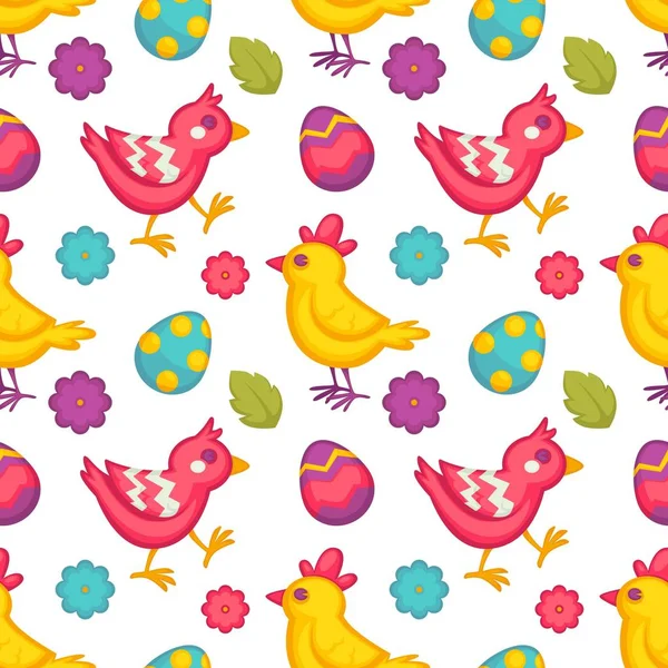 Αυγά Και Πουλιά Κοτόπουλο Και Λουλούδια Πάσχα Χωρίς Ραφή Πρότυπο — Διανυσματικό Αρχείο