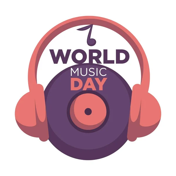 Disco Vinile Cuffie Con Note World Music Day Isolato Icona — Vettoriale Stock