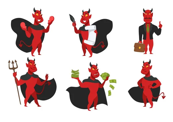 Devil Cloak Horns Tail Red Skin Demon Isolated Icons Vector — Stock Vector