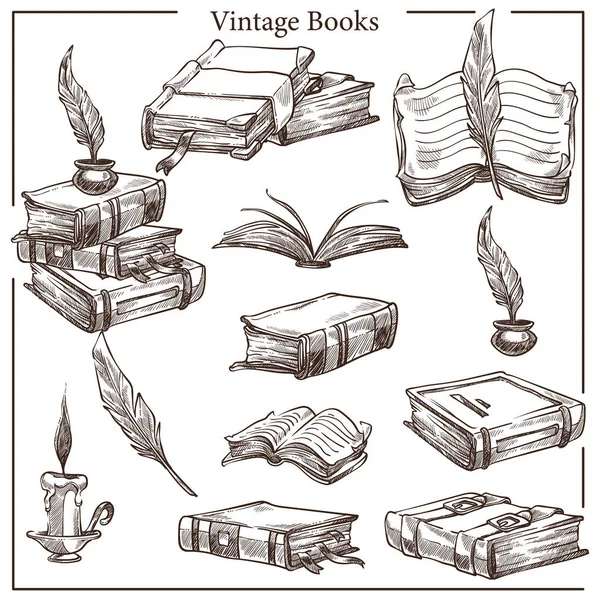 Literatur Vintage Bücher Isoliert Skizzen Feder Und Tinte Topf Vektor — Stockvektor