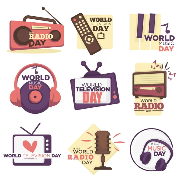 Media Video Audio Bronnen Werelddag Geïsoleerd Iconen Vector Radio Televisie — Stockvector