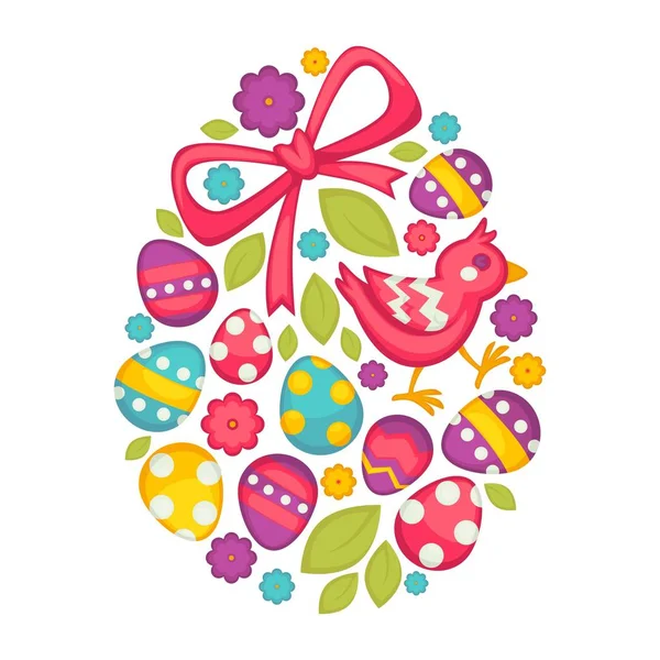 Egg Christian holiday Easter symbolic food and bird vector plant leaves and flowers festive bow spring event religion symbol floral decor and colored dairy product with pattern flying animal.