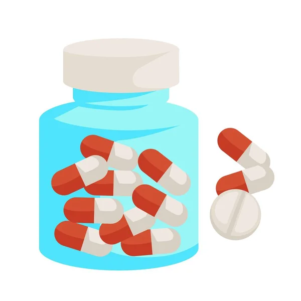 Pílulas Medicação Garrafa Medicina Cuidados Saúde Cápsulas Comprimido Recipiente Vetor —  Vetores de Stock