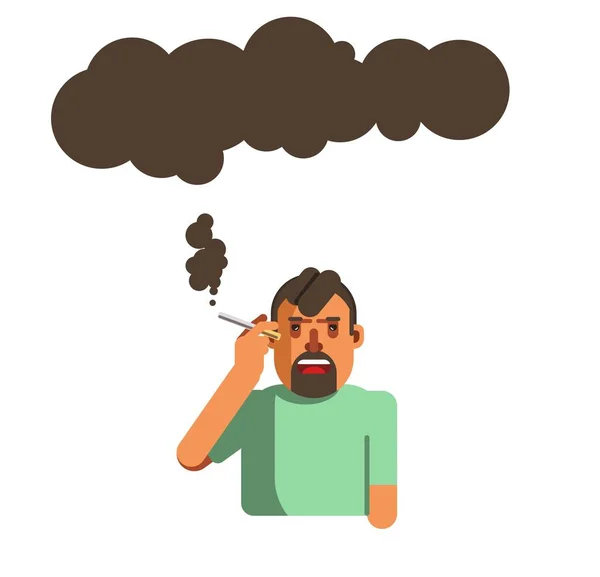 Luchtverontreiniging Gezondheid Schade Man Roken Sigaret Geïsoleerd Mannelijke Karakter Wolken — Stockvector