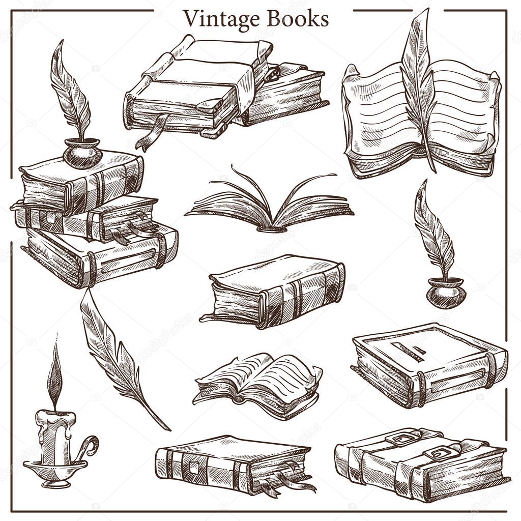 Literature vintage books isolated sketches feather and ink pot vector textbooks and volumes pages and hardcover education and knowledge history and ancient wisdom candle and writing tool manuscript.