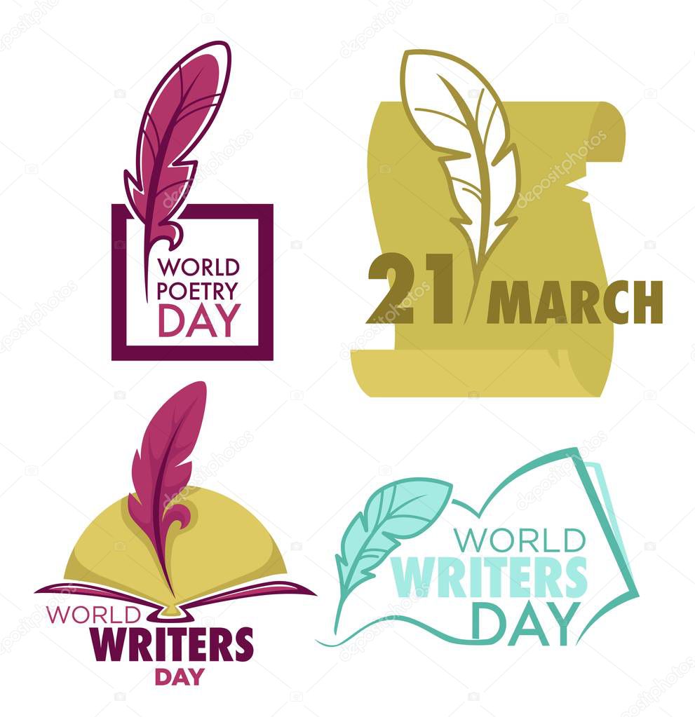 Writers and poetry day isolated icon feather and book vector bookstore or library emblems and logo literature holiday celebration writing and lettering fiction and manuscripts textbooks volumes.