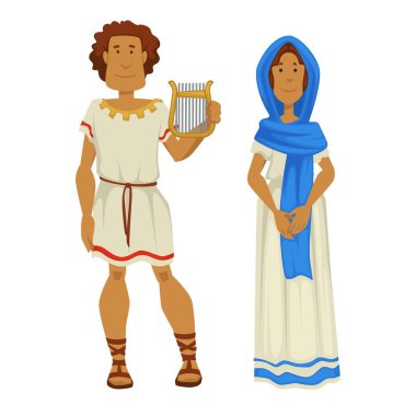 Yunan erkek ve kadın ARP müzik aleti ile ulusal giyim