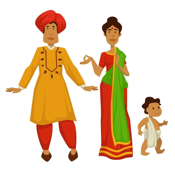 Femme de famille indienne en sari et homme en turban bébé en couche — Image vectorielle