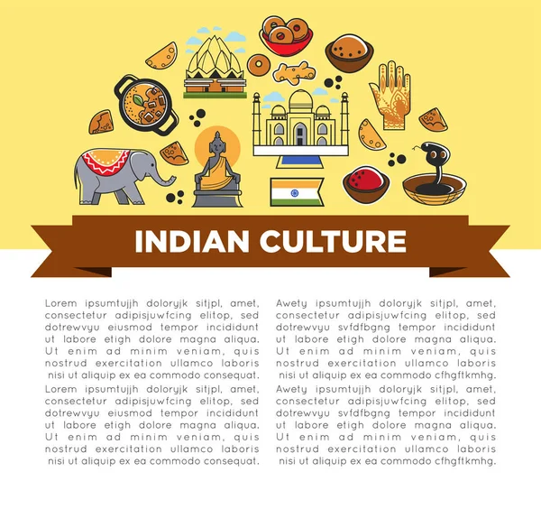 Indian culture promo poster with national symbols set. Religious attributes, architectural constructions — Stock Vector