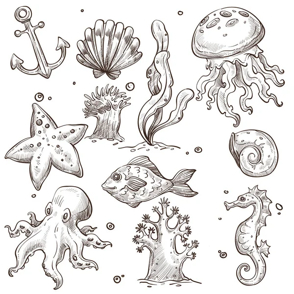 Підводні риби та істоти ізольовані ескізи морських тварин — стоковий вектор