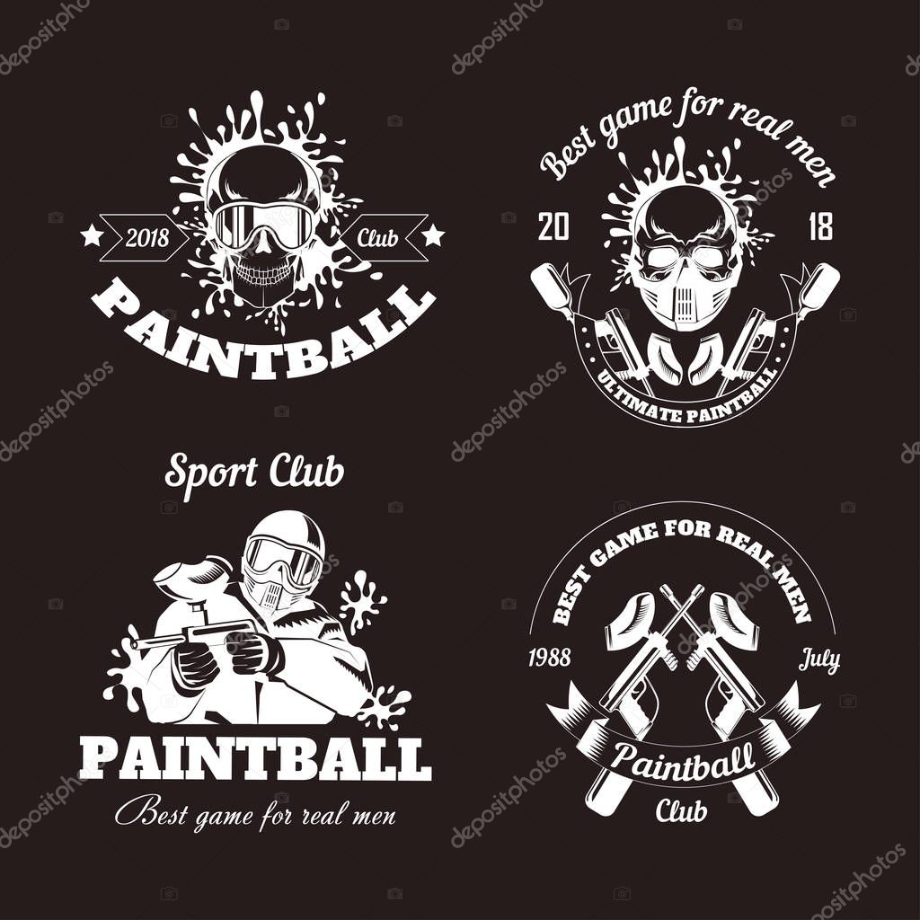 Paintball game sport club logo templates of gamer shooting target or paint ball gun and man skull in paintball mask with ribbons and stars. Vector isolated icons set